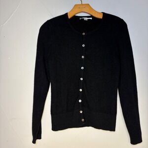Caslon Petite Black 100% Cashmere Crew Neck Button Up Cardigan Sweater M